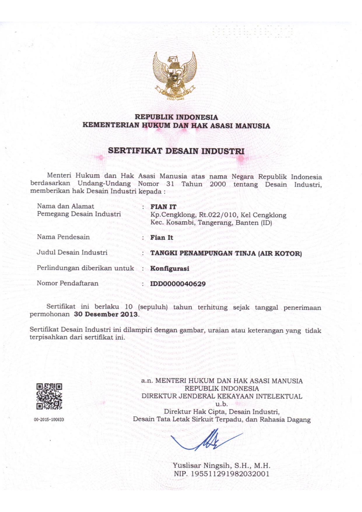 Sertifikat Desain Industri Type RC Series Sertifikat Desain Industri Type RC Series